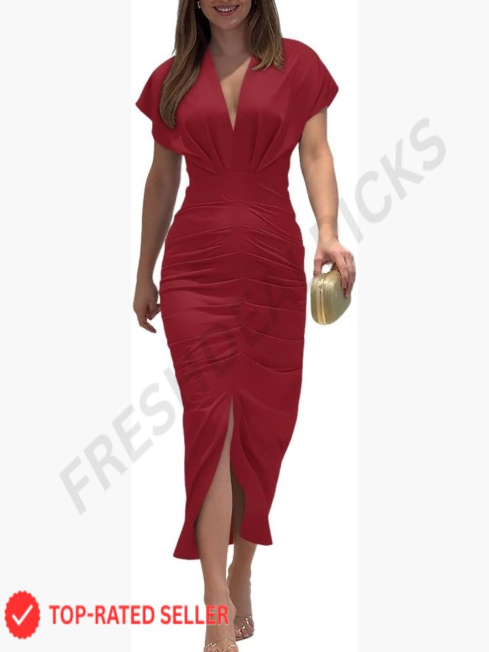 Floral Print Midi Dress Plunge V Neck Ruched Bodycon Slit Casual Party - Picture 1 of 7